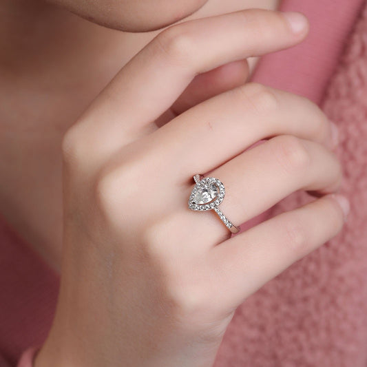 #64 VNK Luxury Pear Cut Halo Moissanite Ring in 925 Sterling Silver