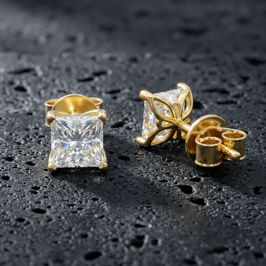 #14-2 Princess Cut Moissanite Studs – Intricate Lotus Basket Setting