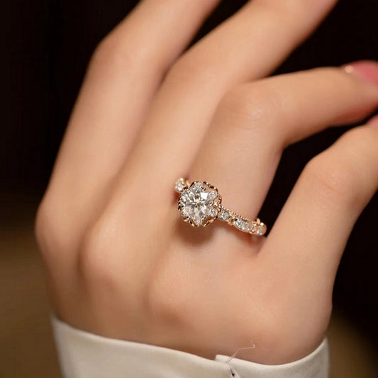 #07 VNK Two-Tone Round Cut Moissanite Halo Ring – 1Carat Center, 925 Sterling Silver Jewelry