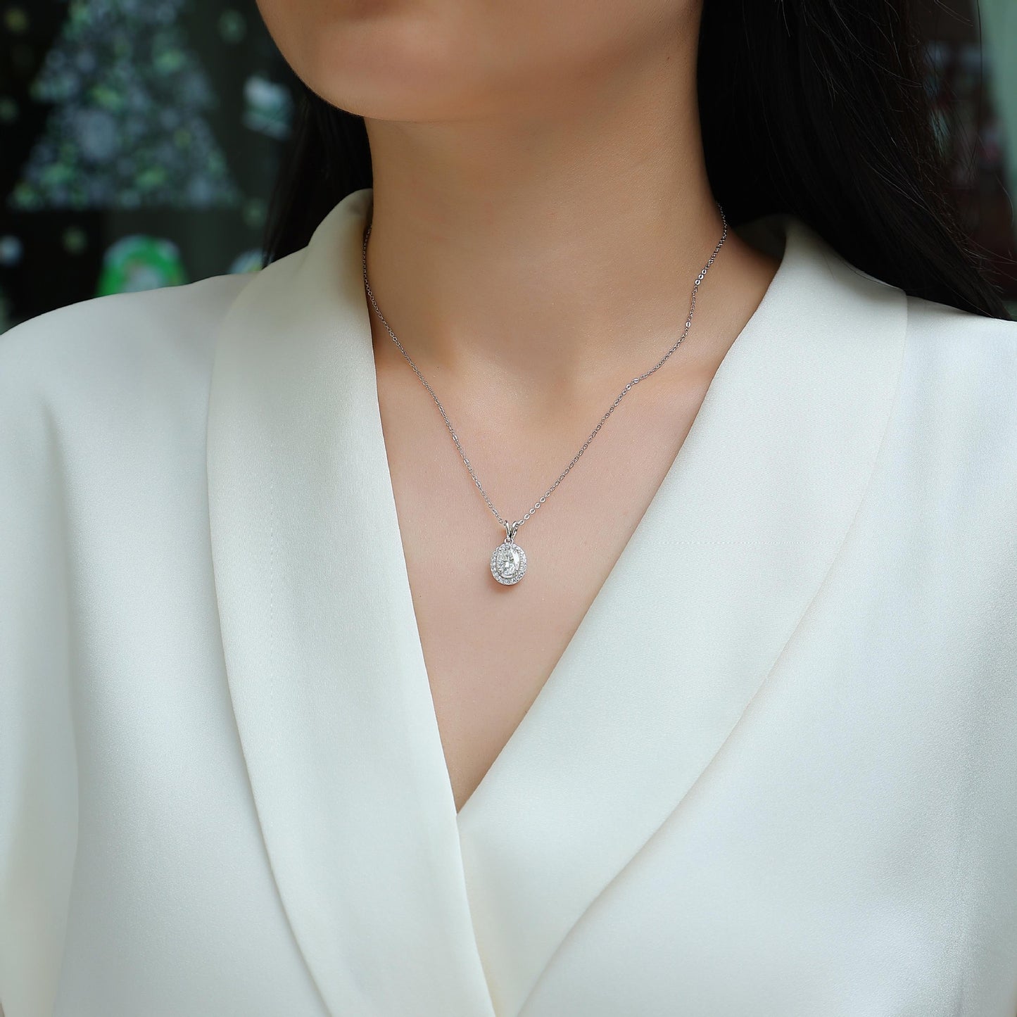 Oval Moissanite Halo Pendant Necklace#102
