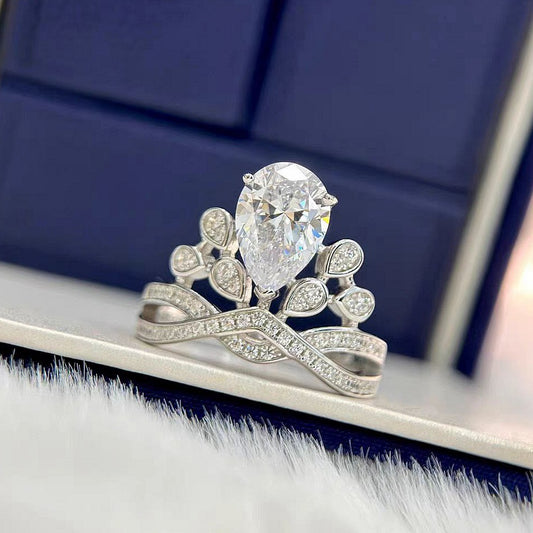 #122 VNK Luxury 2CT Pear Moissanite Tiara Ring | Crown Design 925 Silver Promise Ring