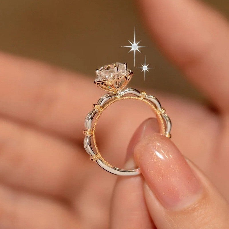 #07 VNK Two-Tone Round Cut Moissanite Halo Ring – 1Carat Center, 925 Sterling Silver Jewelry