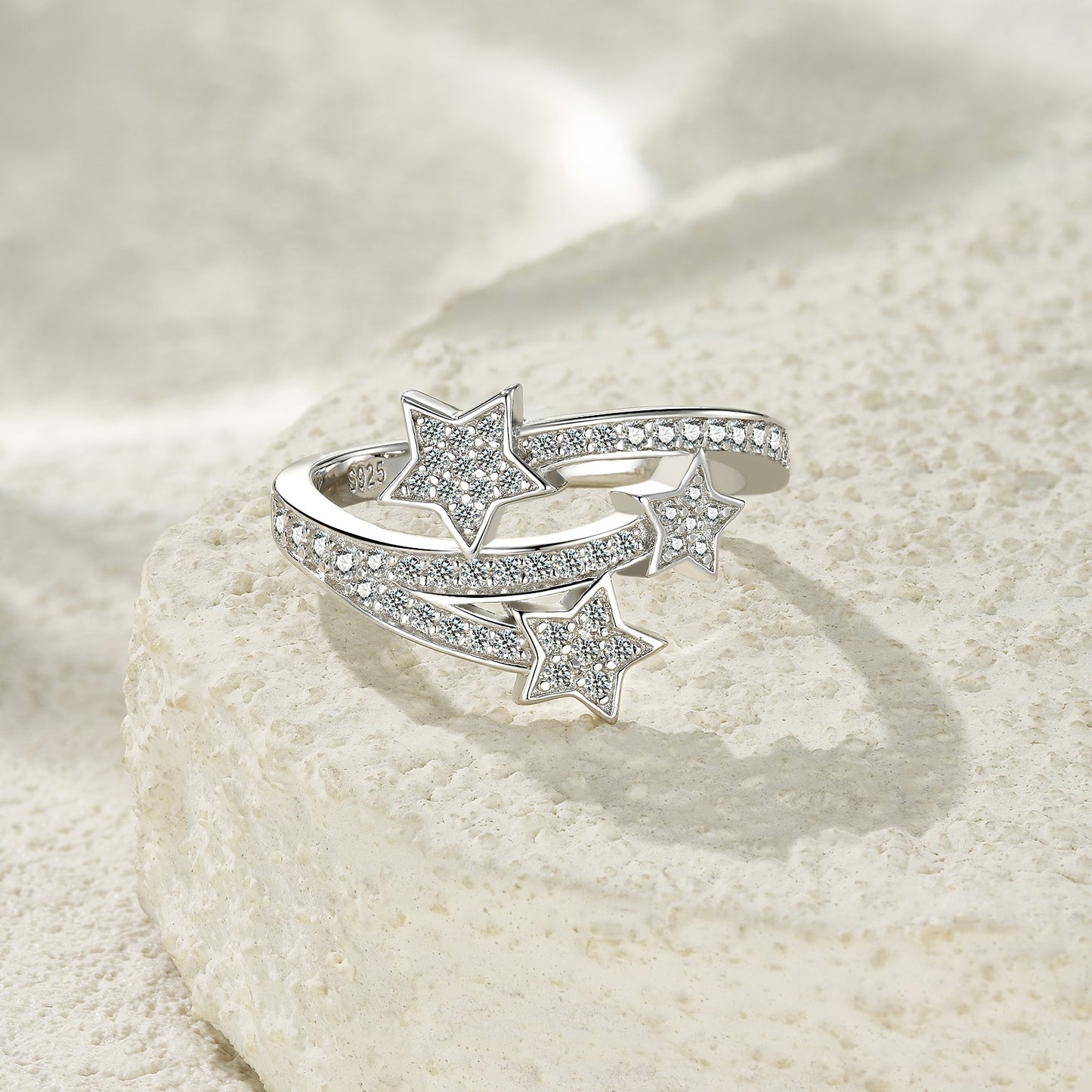 #106 VNK Celestial Shooting Star Ring - Dainty Moissanite Triple Star Band in Sterling Silver