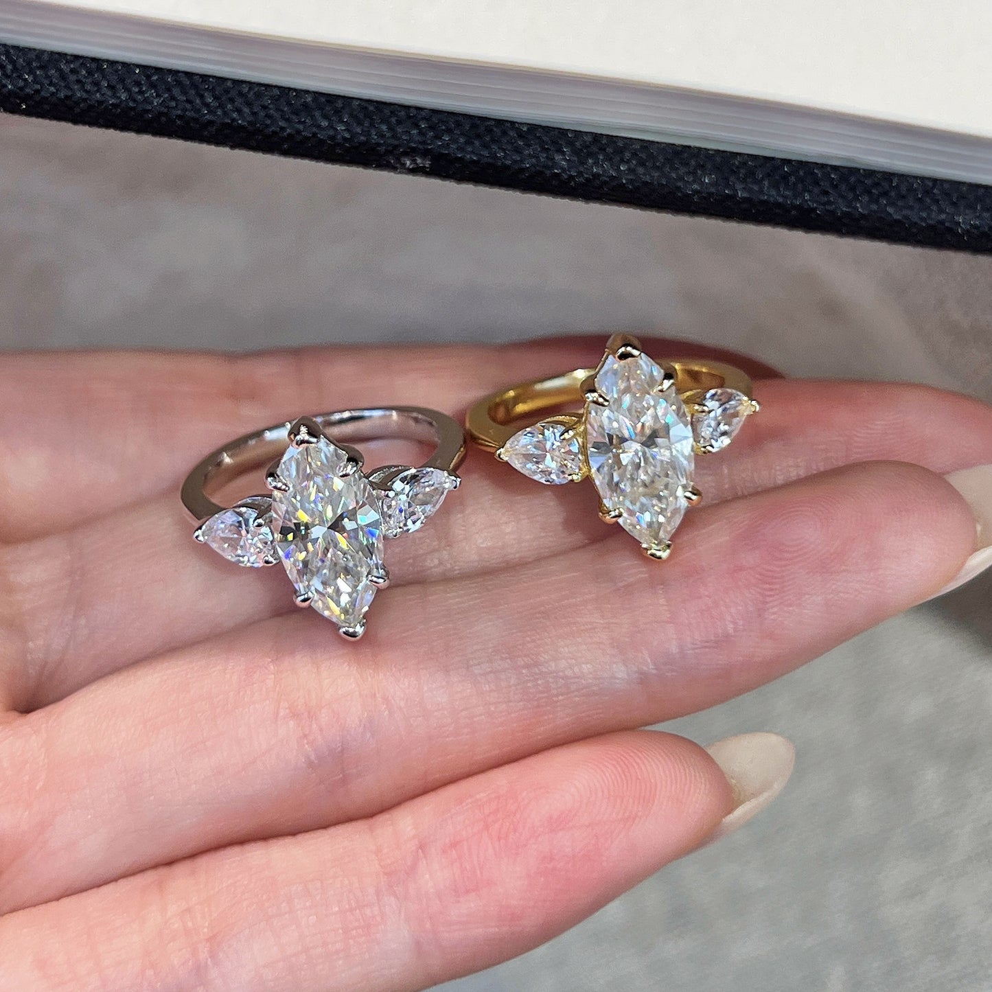 #138 VNK Three-Stone Marquise Moissanite Ring –925 Sterling Silver Jewelry