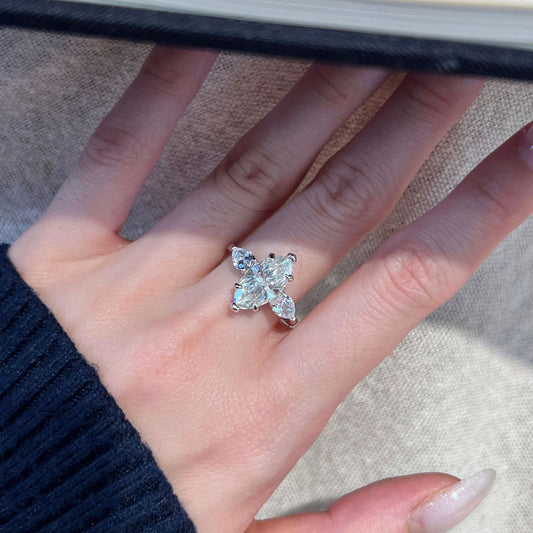 #138 VNK Three-Stone Marquise Moissanite Ring –925 Sterling Silver Jewelry