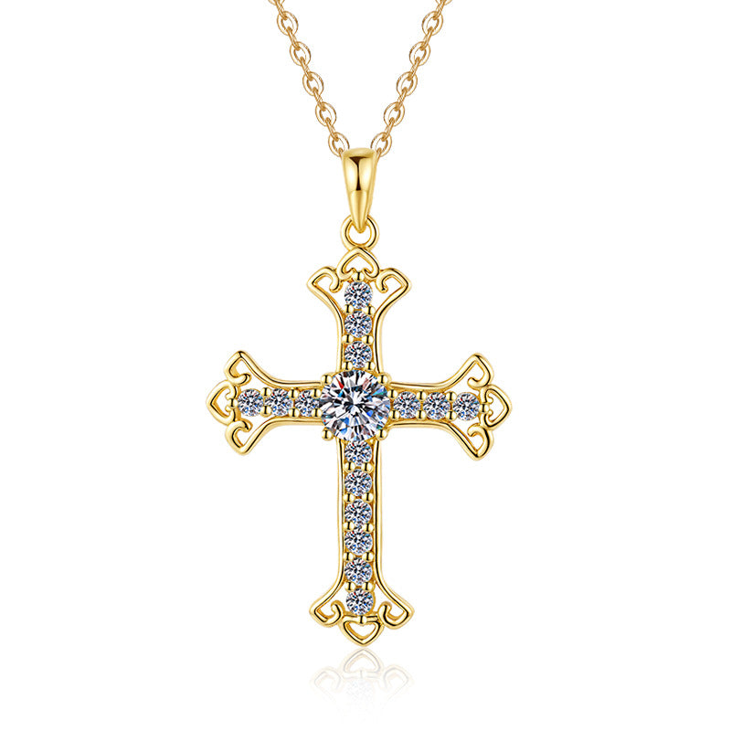 #110 Vintage Filigree Cross Moissanite Necklace | 925 Silver Faith Pendant for Her