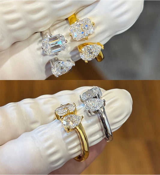 #63 VNK Luxury Toi et Moi Moissanite Ring | 2CT Emerald/Radiant + 1.25CT Pear Cut in 925 Silver