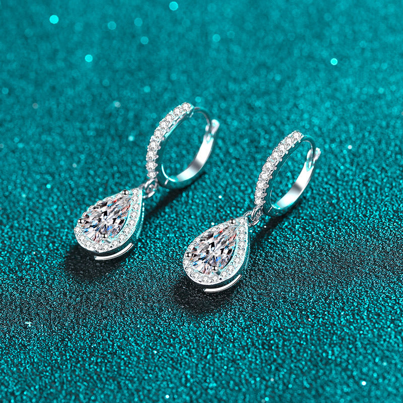 #130 VNK Luxury Pear Moissanite Halo Earrings | Teardrop Drop Huggie Hoops in 925 Silver