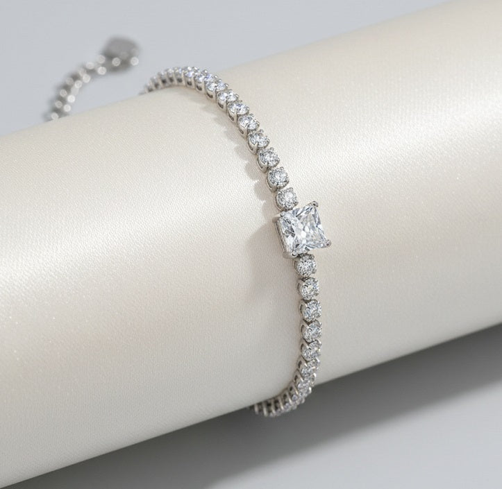 #76 VNK 1CT Princess Cut Moissanite Tennis Bracelet – 16+5cm Adjustable, 925 Sterling Silver