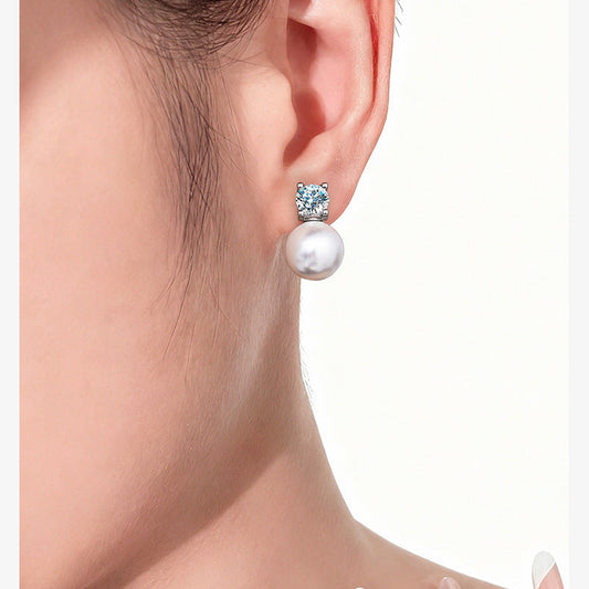 #169 8mm Round Cut Moissanite & Natural Freshwater Pearl Stud Earrings