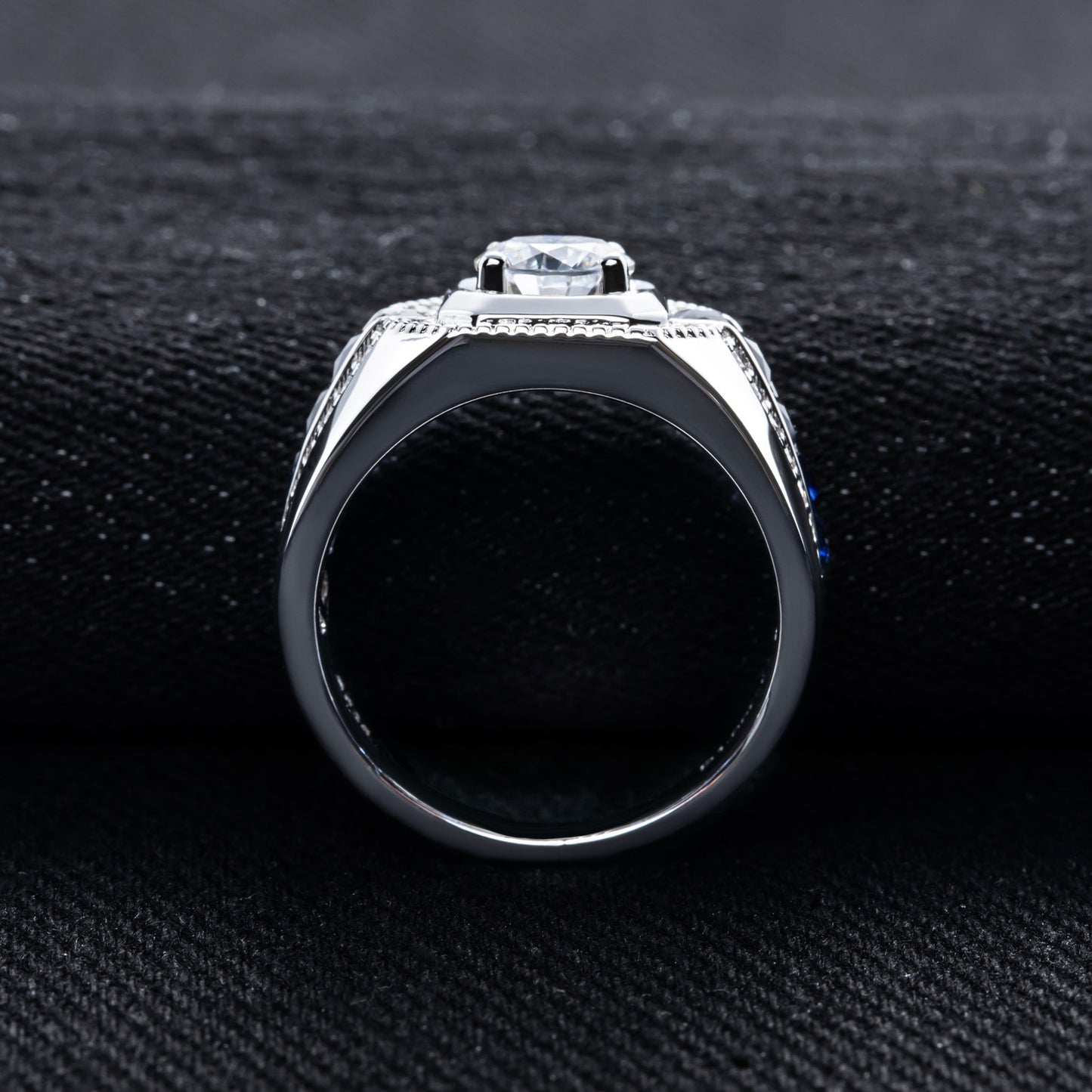 #M7 VNK Full Moissanite Luxury Men’s Ring – Blue Lab-Created Sapphire Accents, 925 Sterling Silver Fine Jewelry