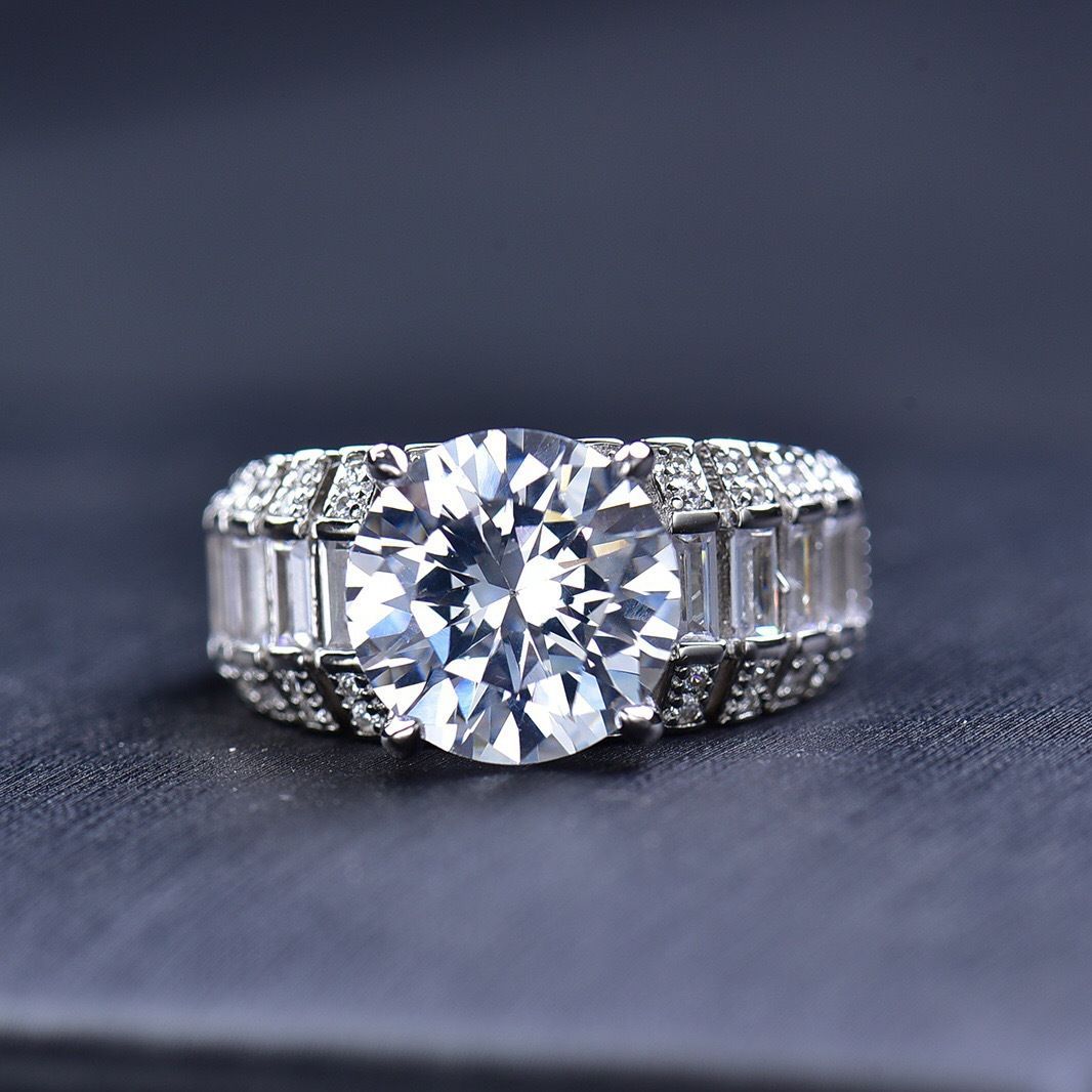 #28 VNK 5ct 5ct Round Moissanite Ring with Wide Pave Band, D Color VVS1 Fine Jewelry