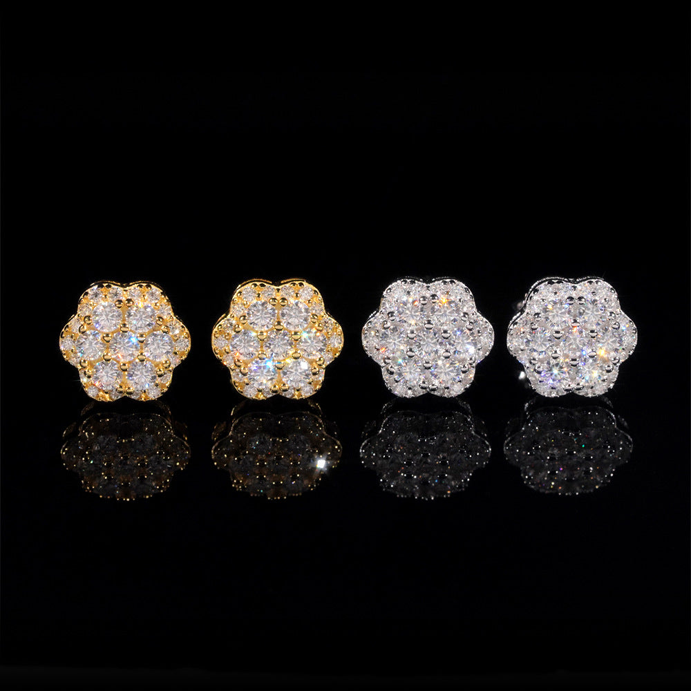 #54 VNK VVS1 Moissanite Flower Iced Out Stud Earrings - 18K Gold Plated 925 Silver Hip Hop Micro Pavé Floral Earring