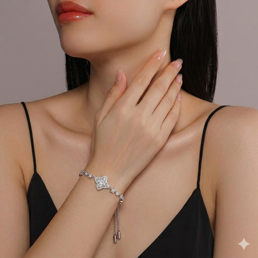 #149 VNK Luxury Clover-Cut Moissanite Adjustable Bracelet in Sterling Silver - Lucky Star Sparkle Bangle