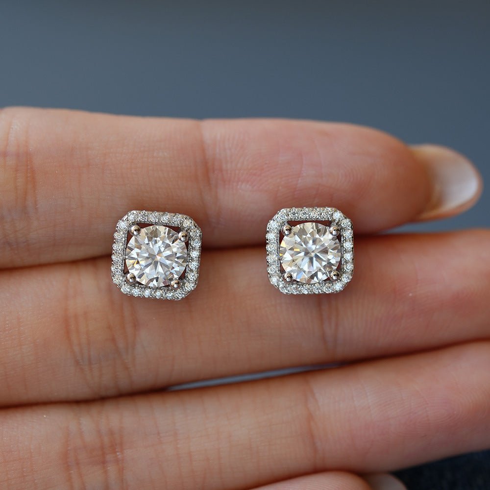 03 Square Halo Moissanite Stud Earrings S925 Sterling Silver - VANNICK