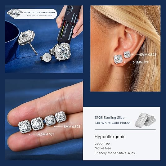 03 Square Halo Moissanite Stud Earrings S925 Sterling Silver - VANNICK