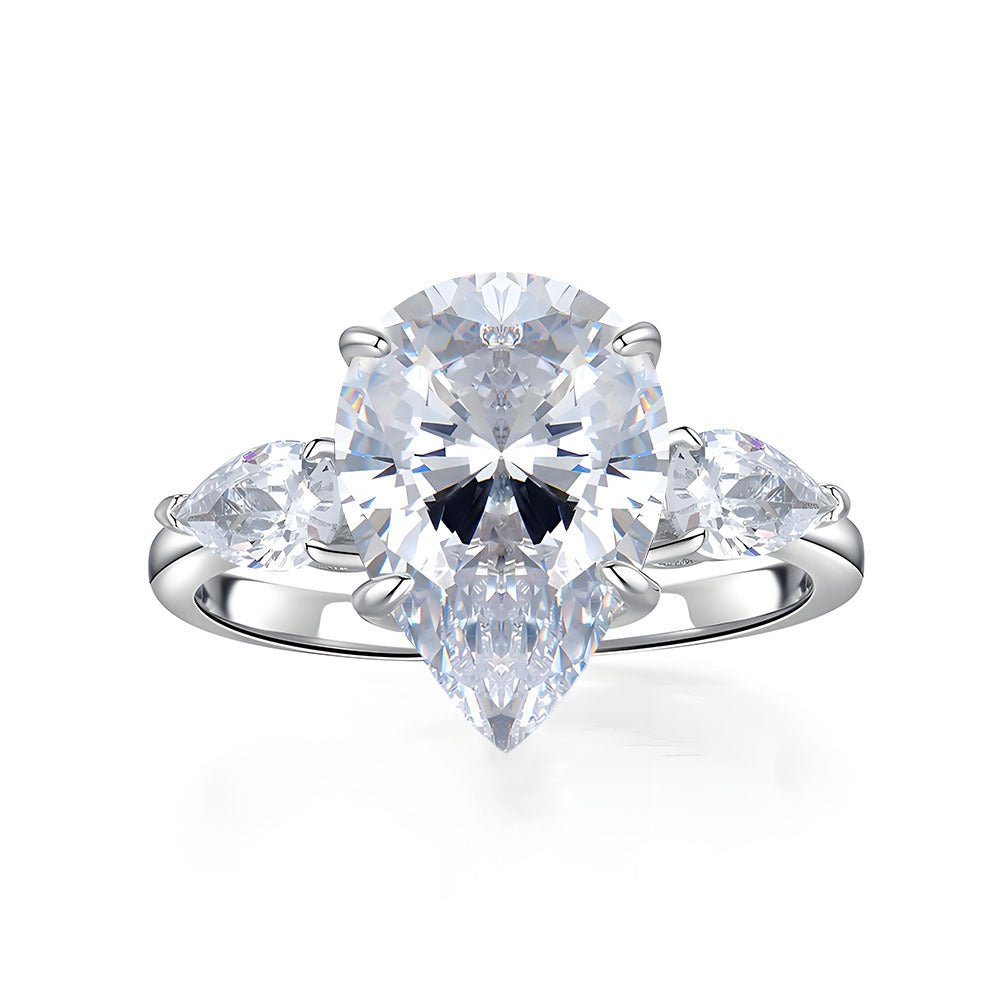 124 VNK Luxury 4 Carat Pear Moissanite Three-Stone Ring | Timeless Side Accent Design - VANNICK