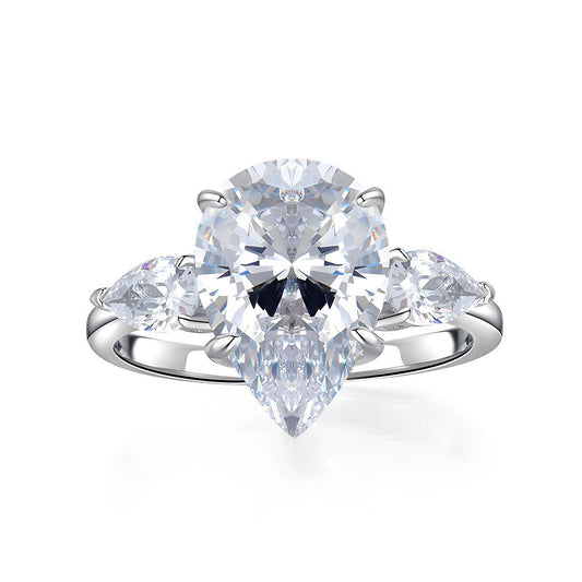 124 VNK Luxury 4 Carat Pear Moissanite Three-Stone Ring | Timeless Side Accent Design - VANNICK