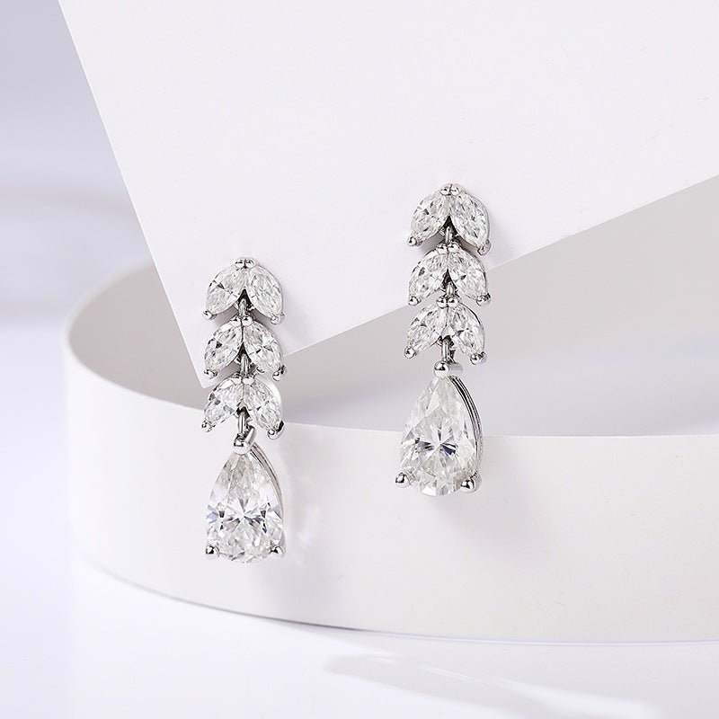 133 VNK Luxury Linear Leaf & Pear Full Moissanite Earrings | Elegant Drop Design - VANNICK