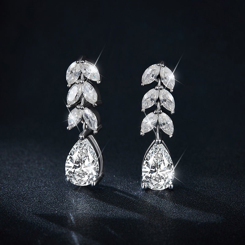 133 VNK Luxury Linear Leaf & Pear Full Moissanite Earrings | Elegant Drop Design - VANNICK