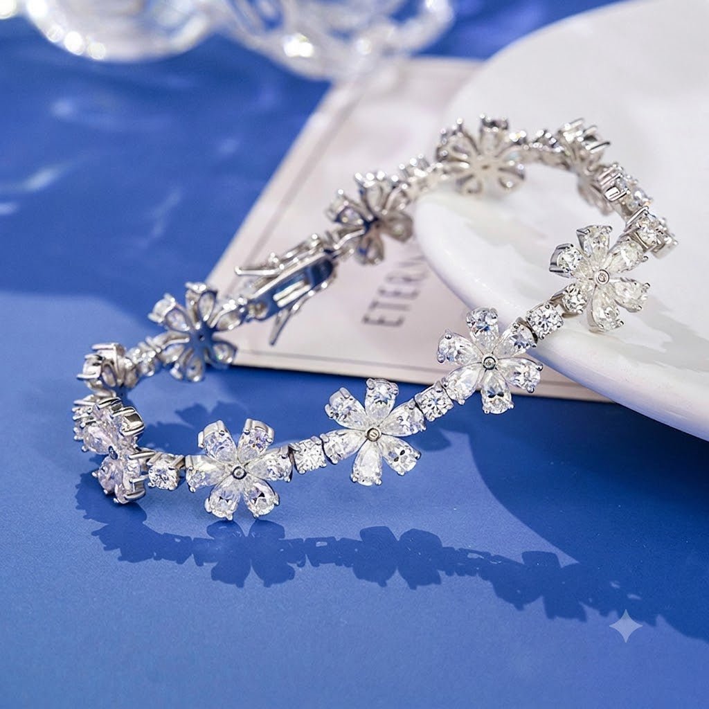 152 Vannick Moissanite Flower Cluster Bracelet in 925 Sterling Silver Pear Cut Moissanite - VANNICK