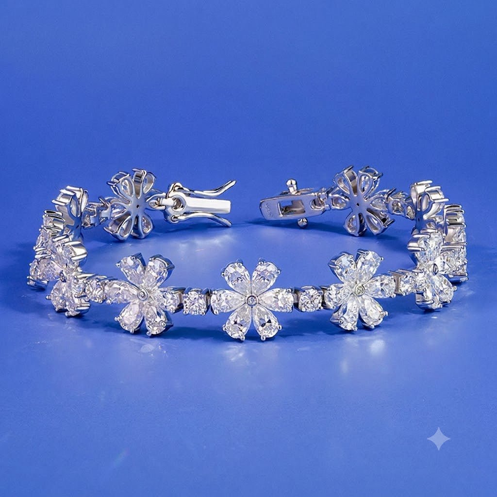 152 Vannick Moissanite Flower Cluster Bracelet in 925 Sterling Silver Pear Cut Moissanite - VANNICK