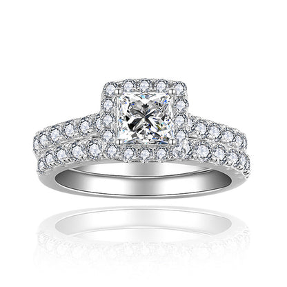 Princess Moissanite Engagement Halo Ring Set