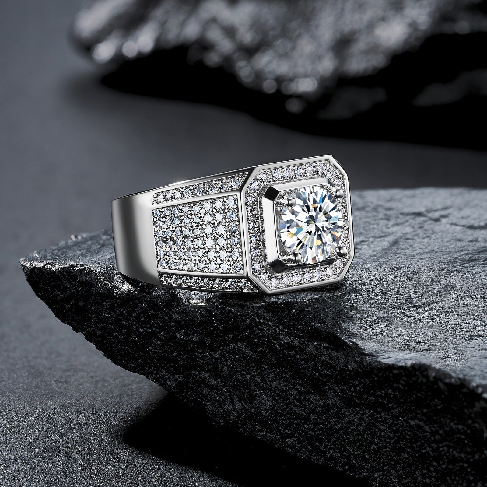 32 VNK Octagonal Halo Moissanite Men’s Ring Full Pavé Band, 925 Sterling Silver - VANNICK