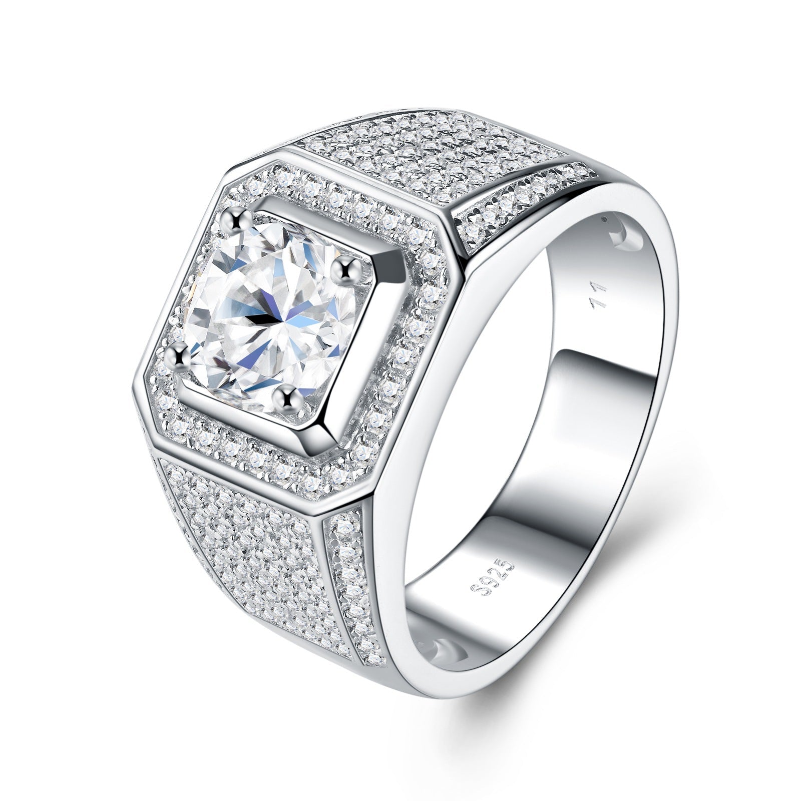 32 VNK Octagonal Halo Moissanite Men’s Ring Full Pavé Band, 925 Sterling Silver - VANNICK