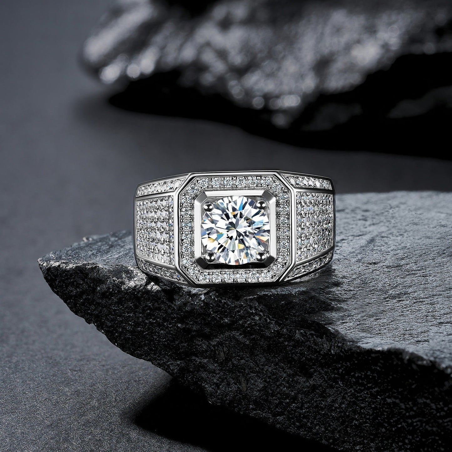 32 VNK Octagonal Halo Moissanite Men’s Ring Full Pavé Band, 925 Sterling Silver - VANNICK