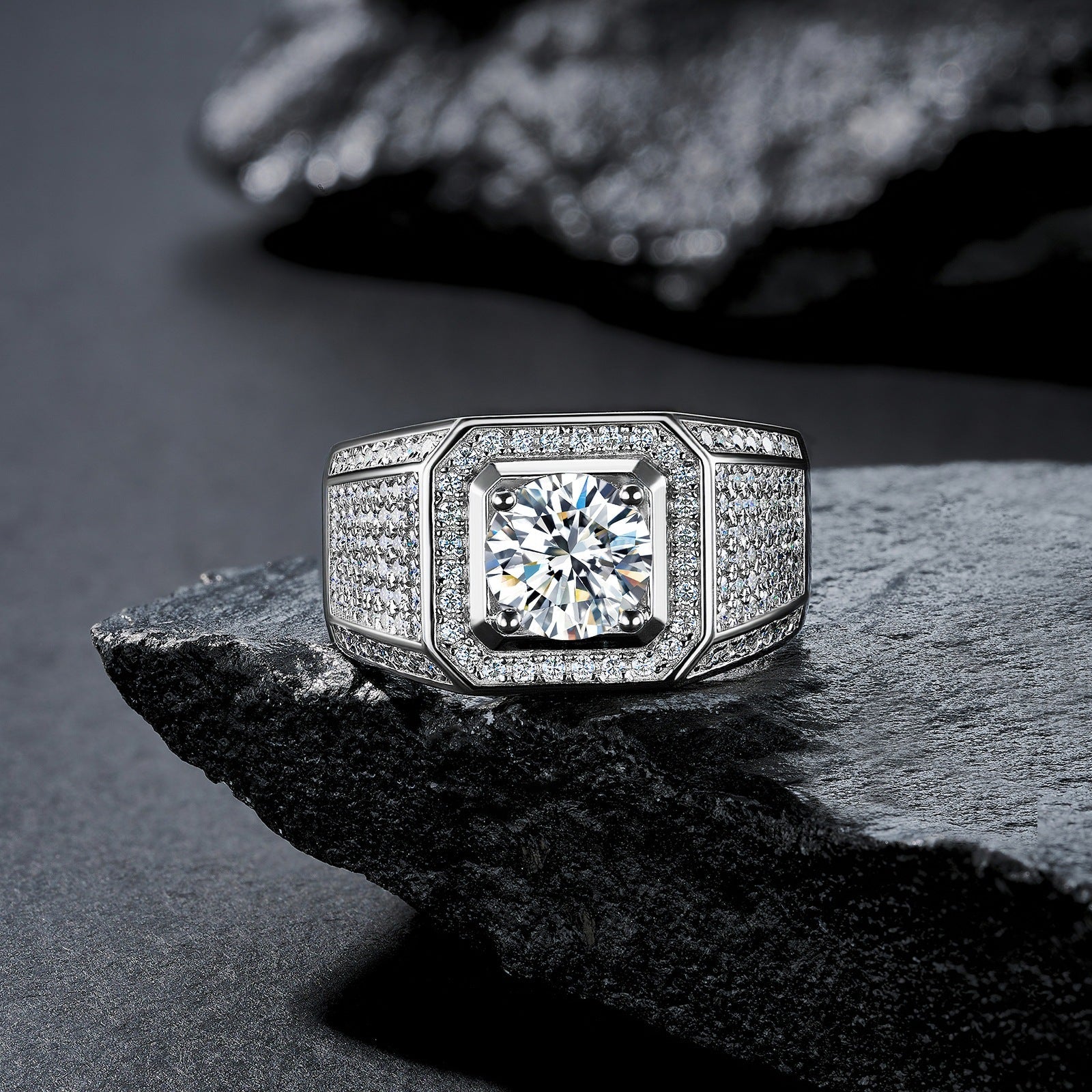 32 VNK Octagonal Halo Moissanite Men’s Ring Full Pavé Band, 925 Sterling Silver - VANNICK