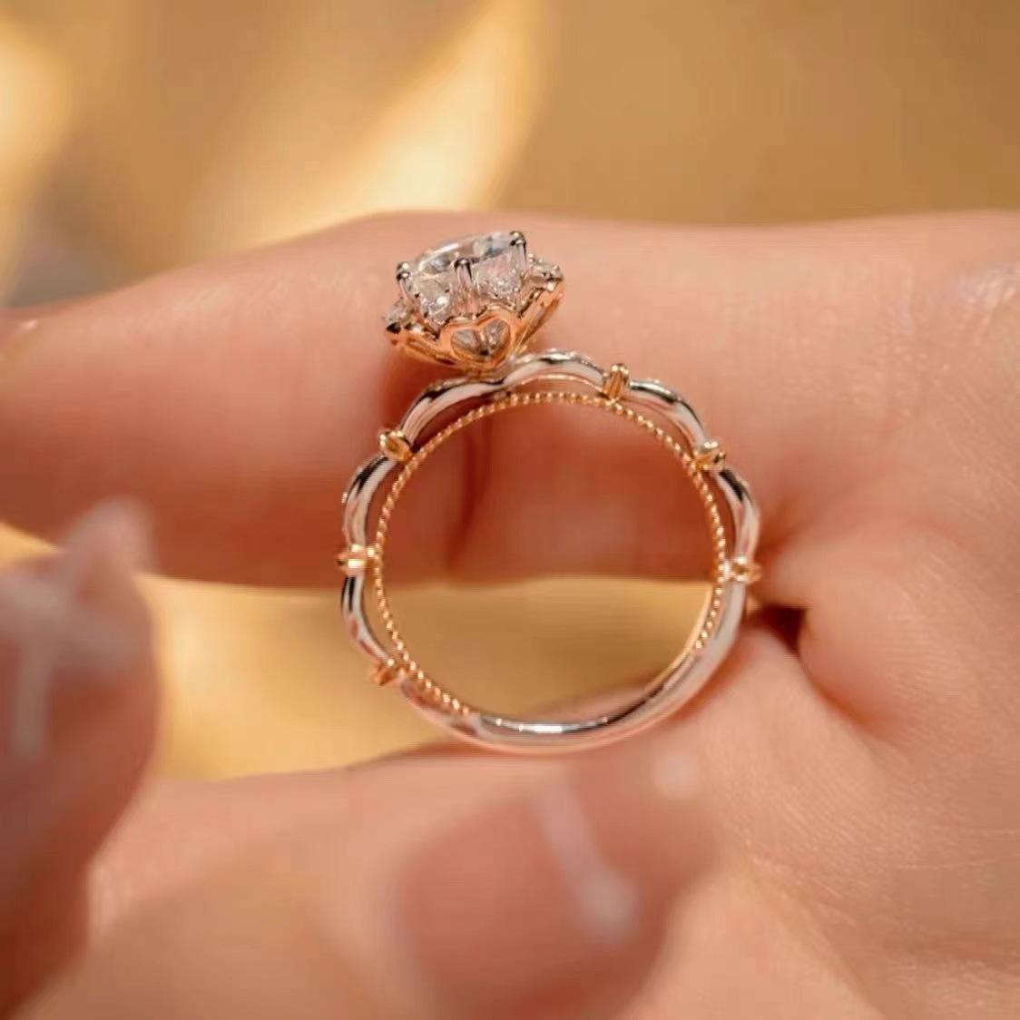 #07 VNK Two-Tone Round Cut Moissanite Halo Ring – 1Carat Center, 925 Sterling Silver Jewelry