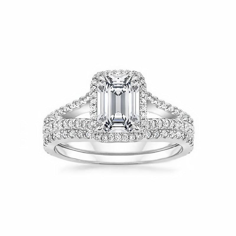 Emerald Radiant Moissanite Halo Wedding Ring Set