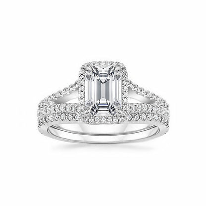 Emerald Radiant Moissanite Halo Wedding Ring Set