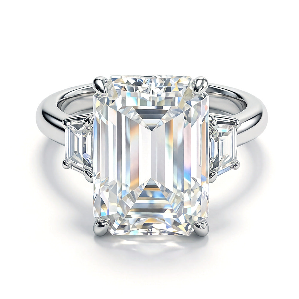 10ctw Emerald/Radiant Cut Moissanite Three-Stone Ring