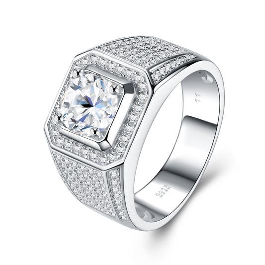 #32 VNK Octagonal Halo Moissanite Men’s Ring  Full Pavé Band, 925 Sterling Silver