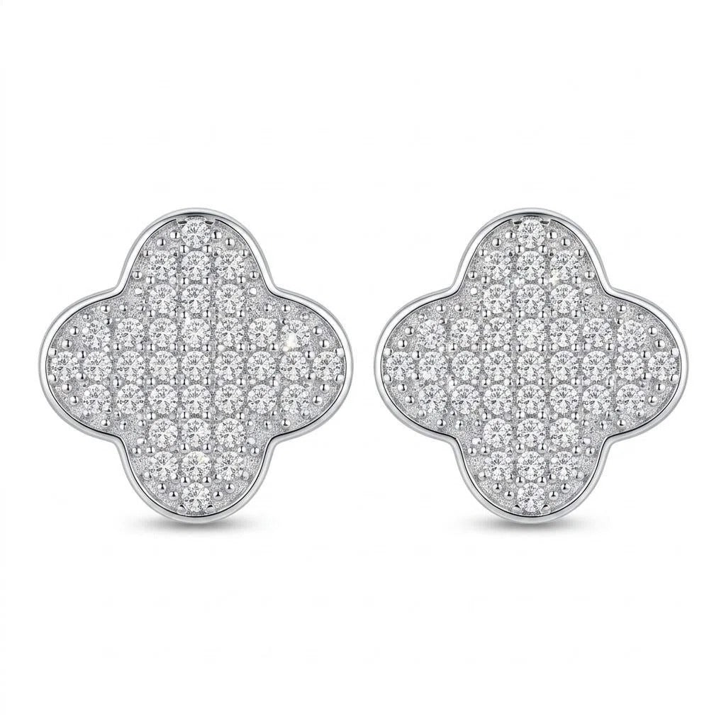 #170 Four-Leaf Clover Moissanite Stud Earrings – Pave Set S925 Silver