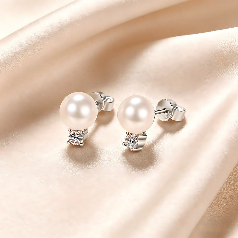 #169 8mm Round Cut Moissanite & Natural Freshwater Pearl Stud Earrings