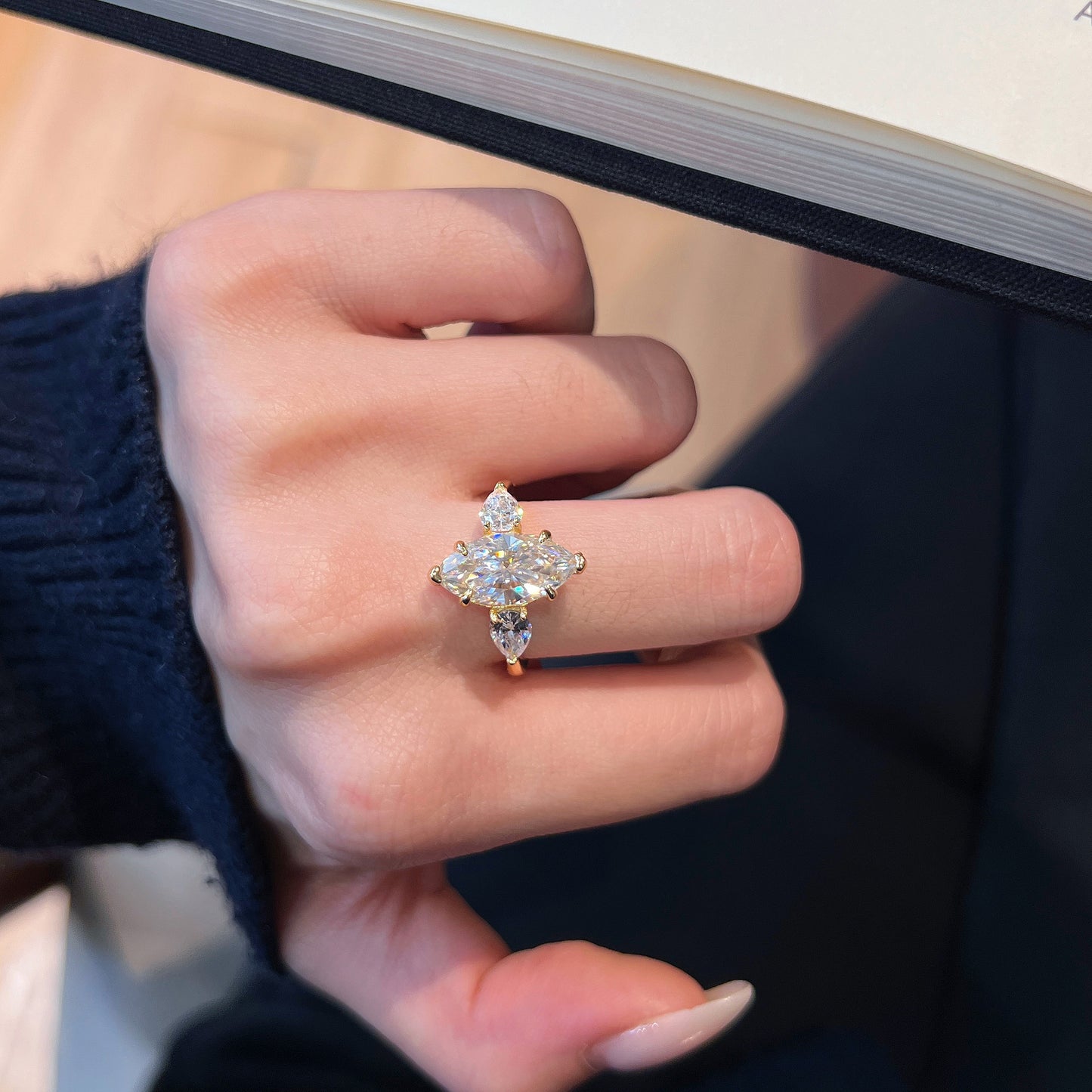 #138 VNK Three-Stone Marquise Moissanite Ring –925 Sterling Silver Jewelry