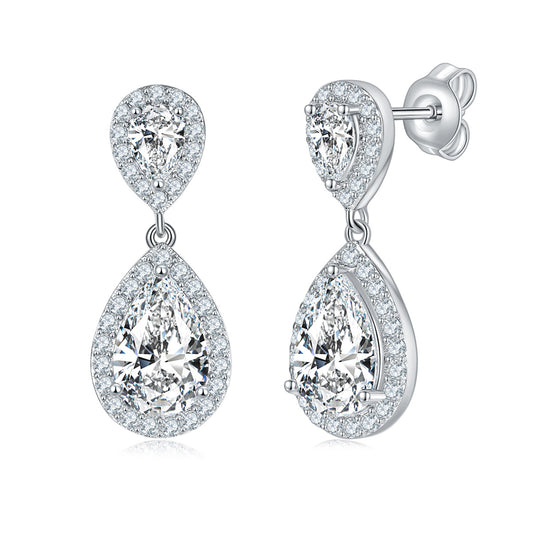 #129 VNK Luxury Pear Halo Full Moissanite Dangle Earrings 925 Sterling Silver Jewelry