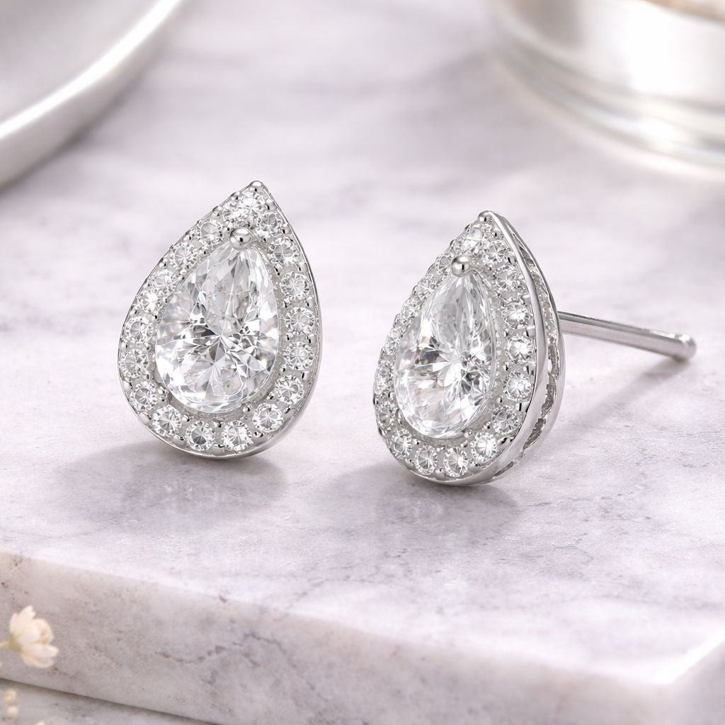 #128 VNK Luxury Pear Halo Moissanite Earrings – 925 Sterling Silver