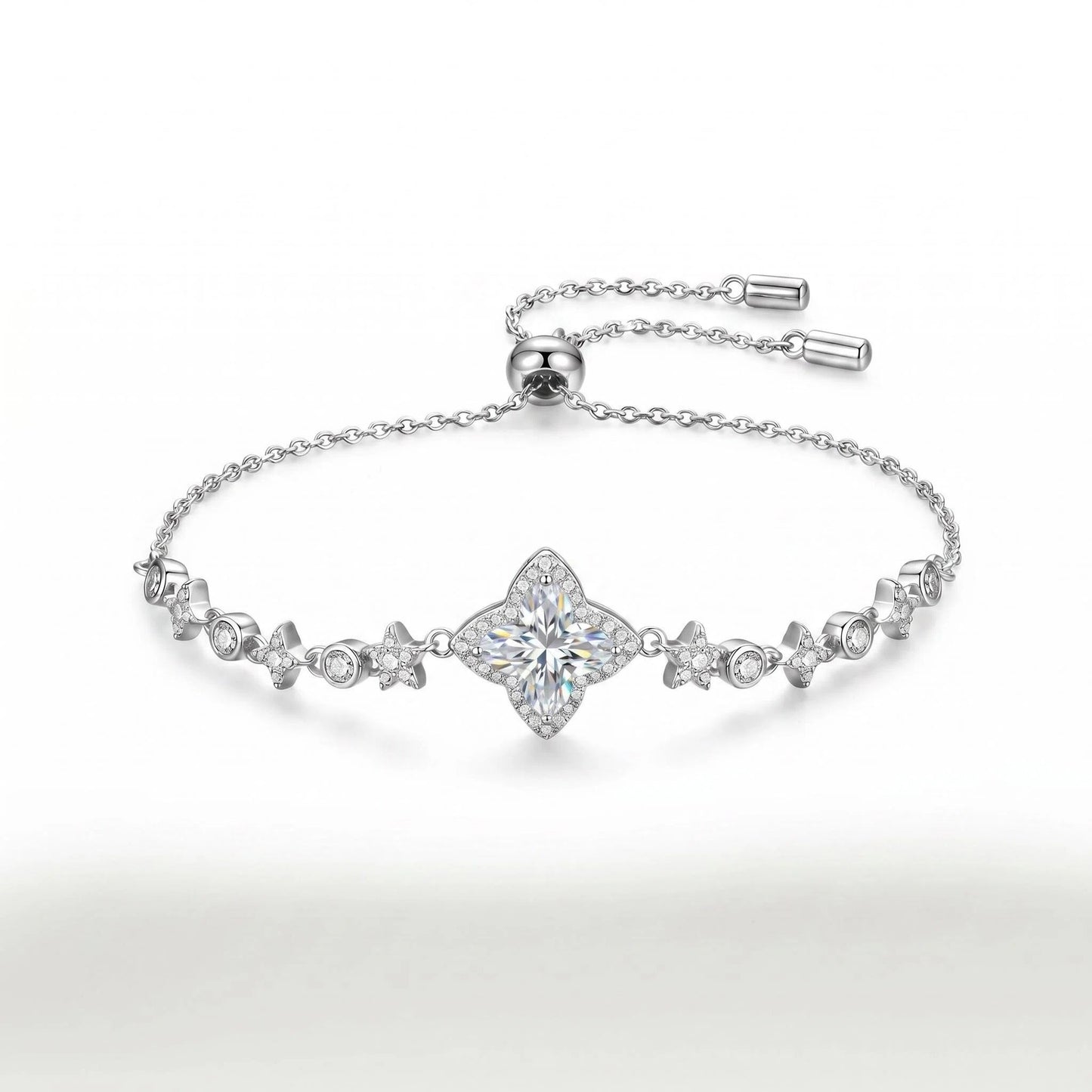 #149 VNK Luxury Clover-Cut Moissanite Adjustable Bracelet in Sterling Silver - Lucky Star Sparkle Bangle