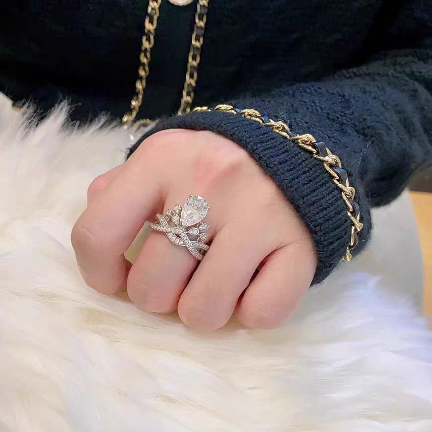 #122 VNK Luxury 2CT Pear Moissanite Tiara Ring | Crown Design 925 Silver Promise Ring