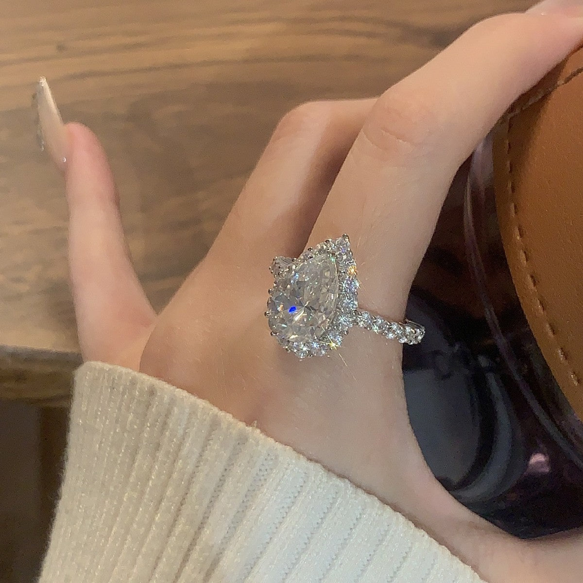 #66 VNK 5CT Pear Cut Moissanite Ring – Double Halo 925 Silver Engagement Ring