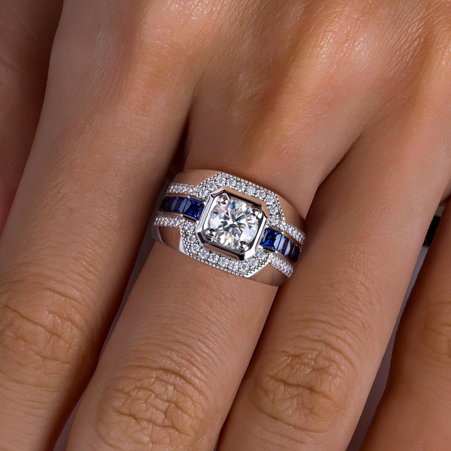 #M7 VNK Full Moissanite Luxury Men’s Ring – Blue Lab-Created Sapphire Accents, 925 Sterling Silver Fine Jewelry