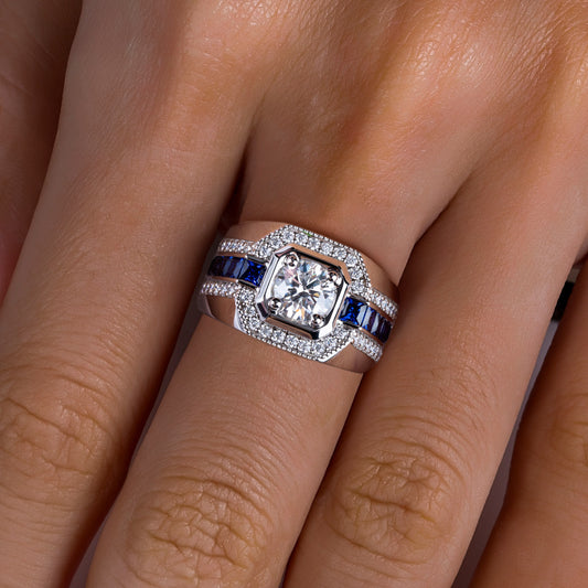 #M7 VNK Full Moissanite Luxury Men’s Ring – Blue Lab-Created Sapphire Accents, 925 Sterling Silver Fine Jewelry