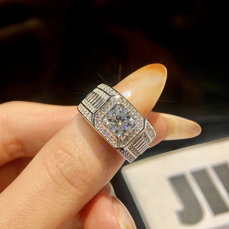 #M3 VNK 1CT Round Brilliant Cut Moissanite Men’s Ring – Halo & Pave Band, 925 Sterling Silver