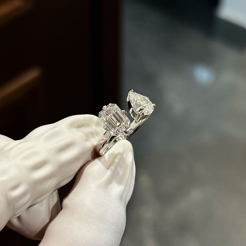 #63 VNK Luxury Toi et Moi Moissanite Ring | 2CT Emerald/Radiant + 1.25CT Pear Cut in 925 Silver