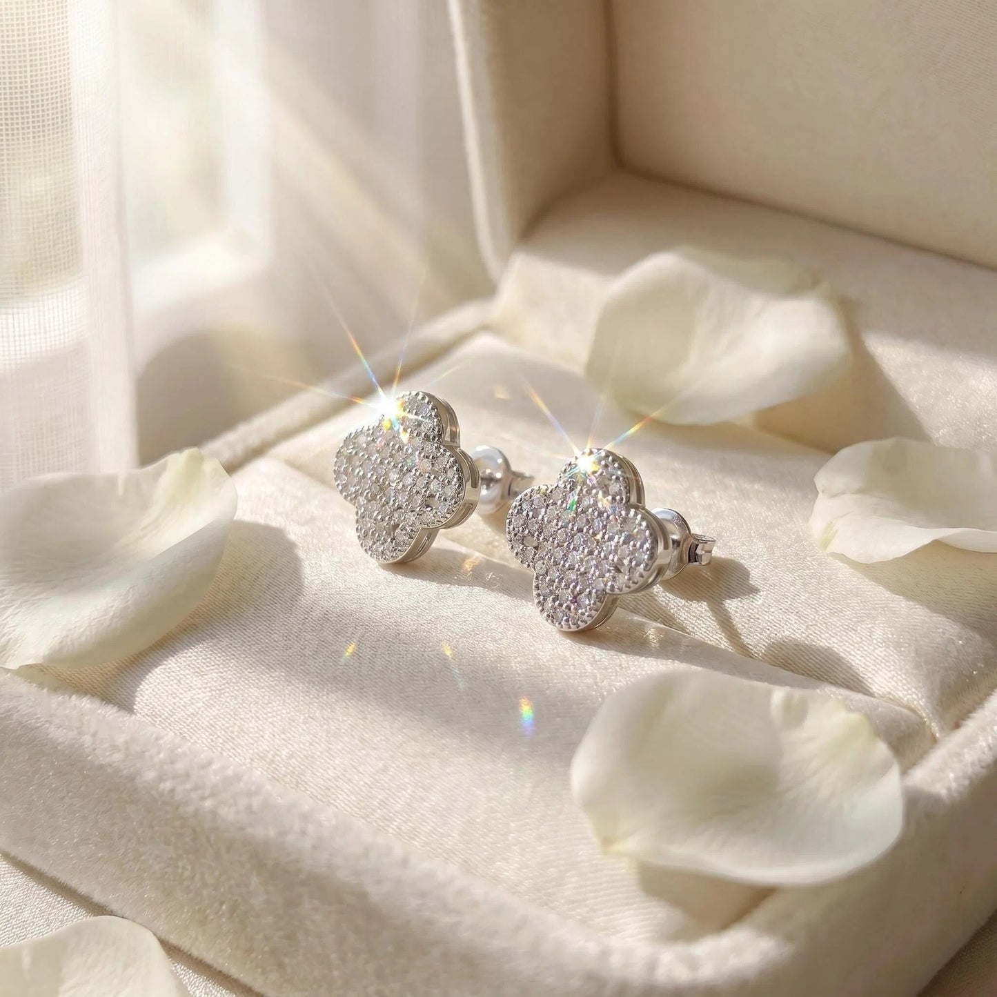 #170 Four-Leaf Clover Moissanite Stud Earrings – Pave Set S925 Silver