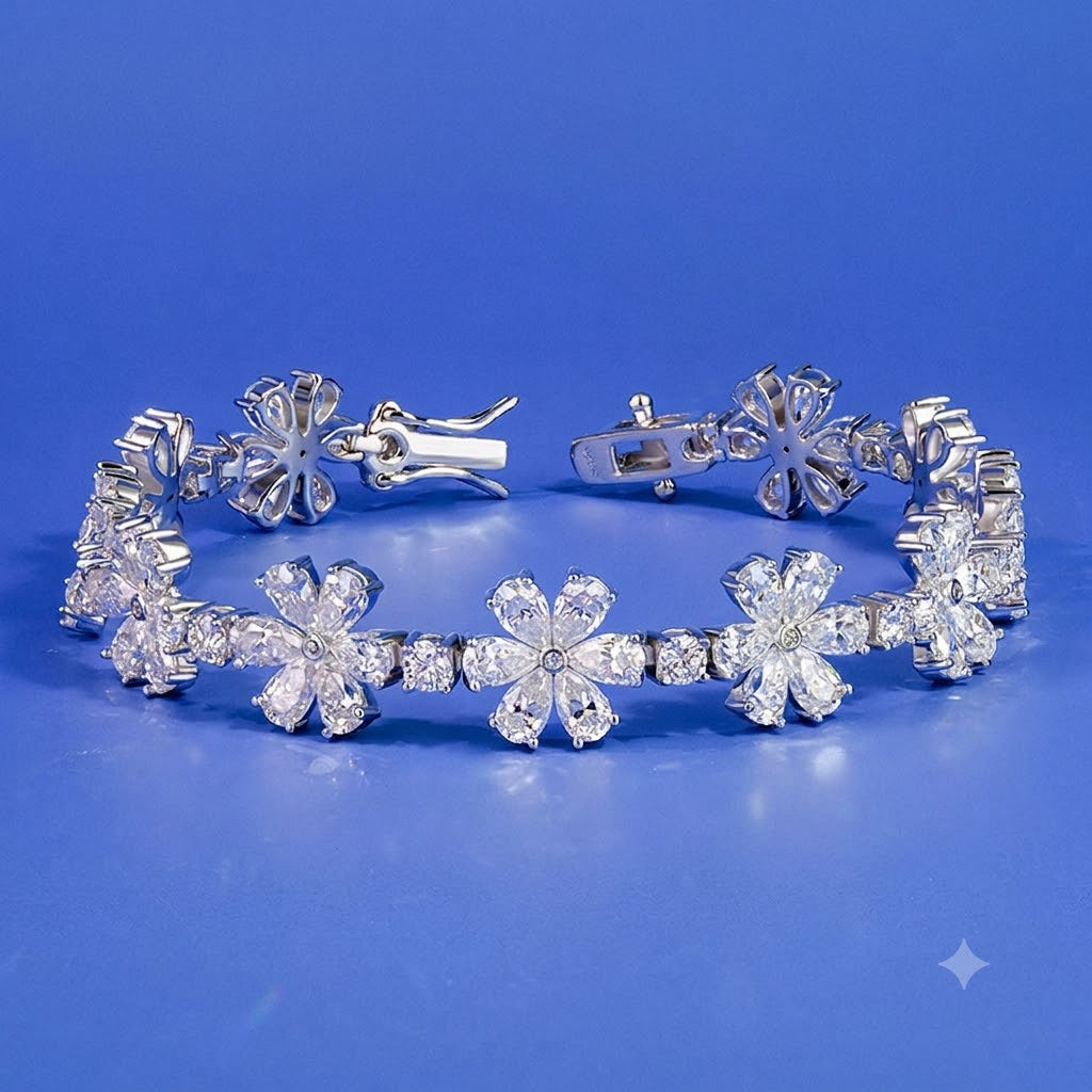 #152 Vannick Moissanite Flower Cluster Bracelet in 925 Sterling Silver Pear Cut Moissanite